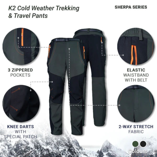 K2 Cold Weather Trekking & Travel Pants- Sherpa Series - Black - OutdoorTravelGear.com