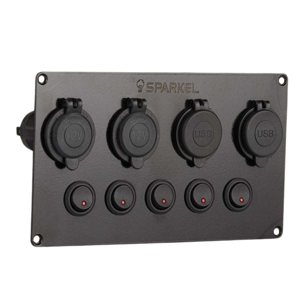 Switch Panel with 5 On/Off Switch with Indicator | Female Cig Lighter Socket | Voltmeter - 173x90mm 12/24V DC RV - OutdoorTravelGear.com