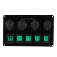 Switch Panel with 5 On/Off Switch with Indicator | 2 Female Cig Lighter Socket | Voltmeter - 200x150mm 12/24V DC RV