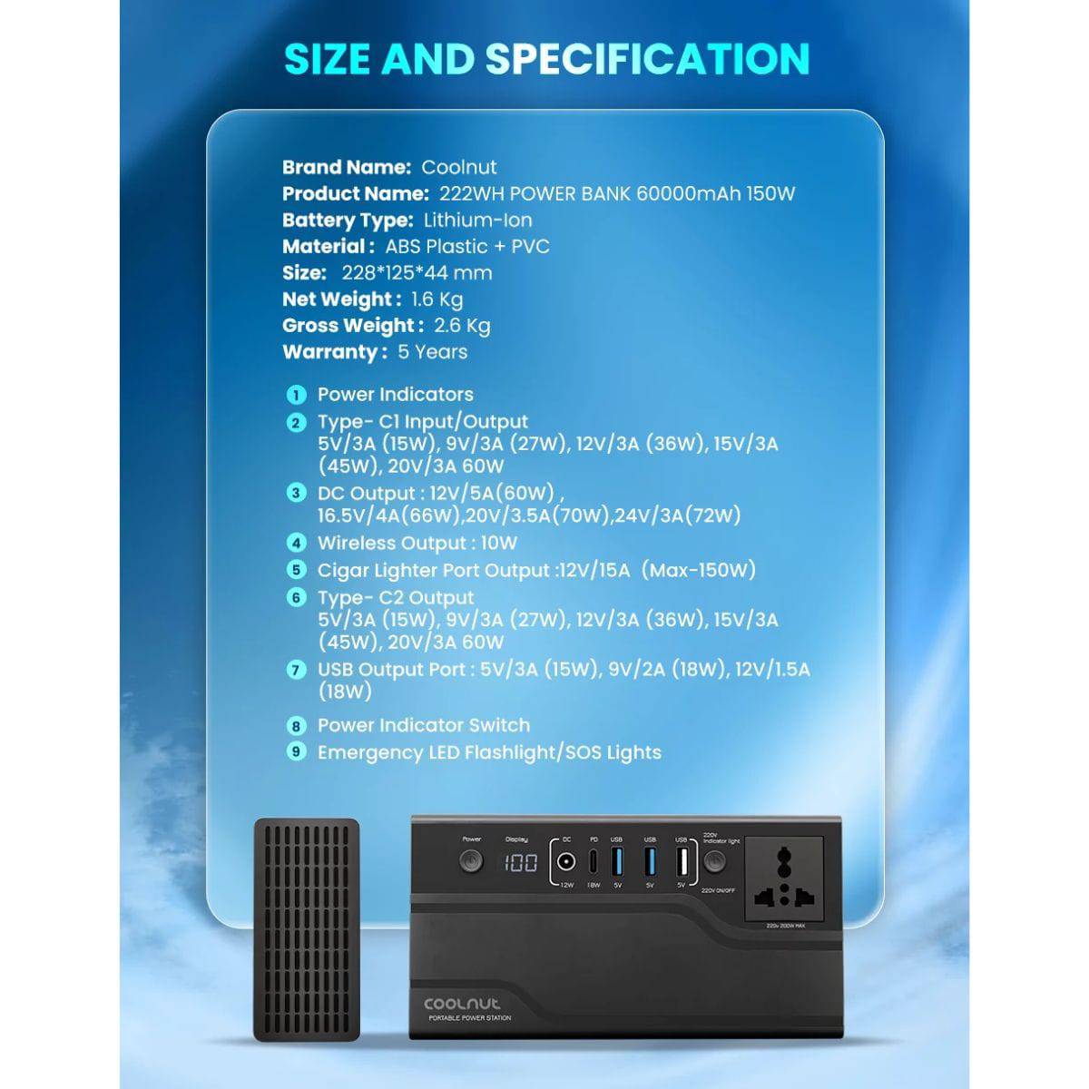 Compact Solar Power Station - 222Wh - 200Watt - 60000mAh