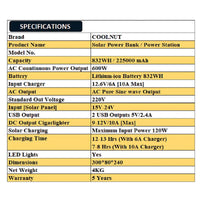 Compact Solar Power Station - 832Wh - 600Watt - 225000mAh