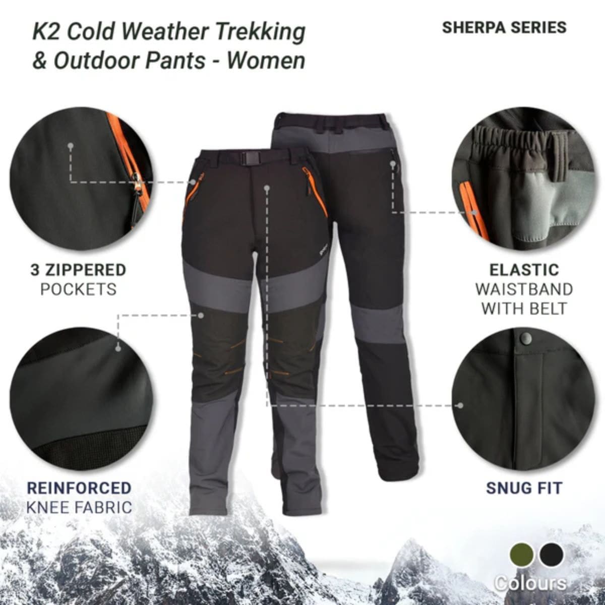 Women's K2 Cold Weather Trekking & Outdoor Pants - Sherpa Series - Black - OutdoorTravelGear.com