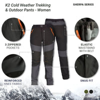 Women's K2 Cold Weather Trekking & Outdoor Pants - Sherpa Series - Olive - OutdoorTravelGear.com