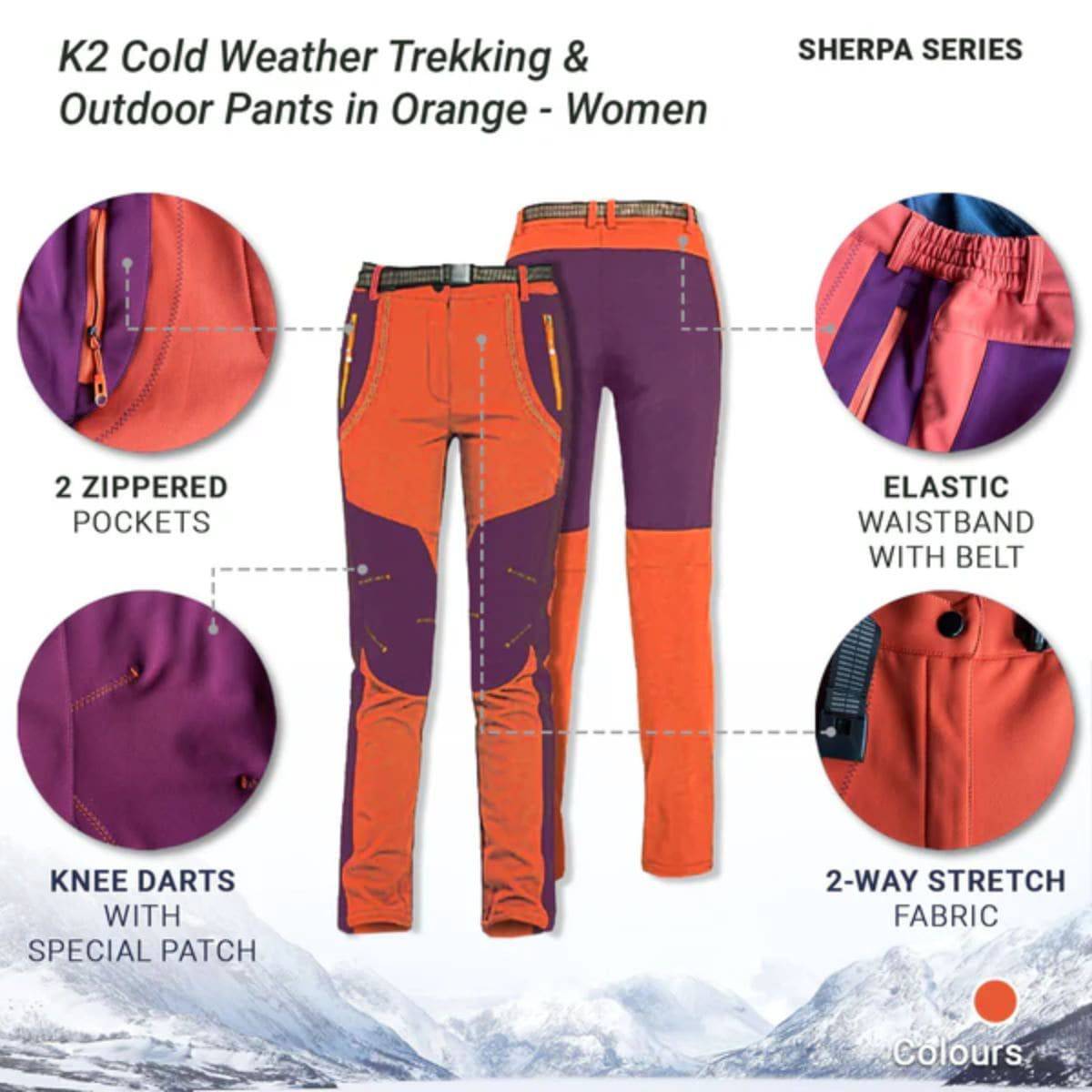 Women's K2 Cold Weather Trekking & Outdoor Pants - Sherpa Series - Orange - OutdoorTravelGear.com