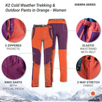 Women's K2 Cold Weather Trekking & Outdoor Pants - Sherpa Series - Orange - OutdoorTravelGear.com