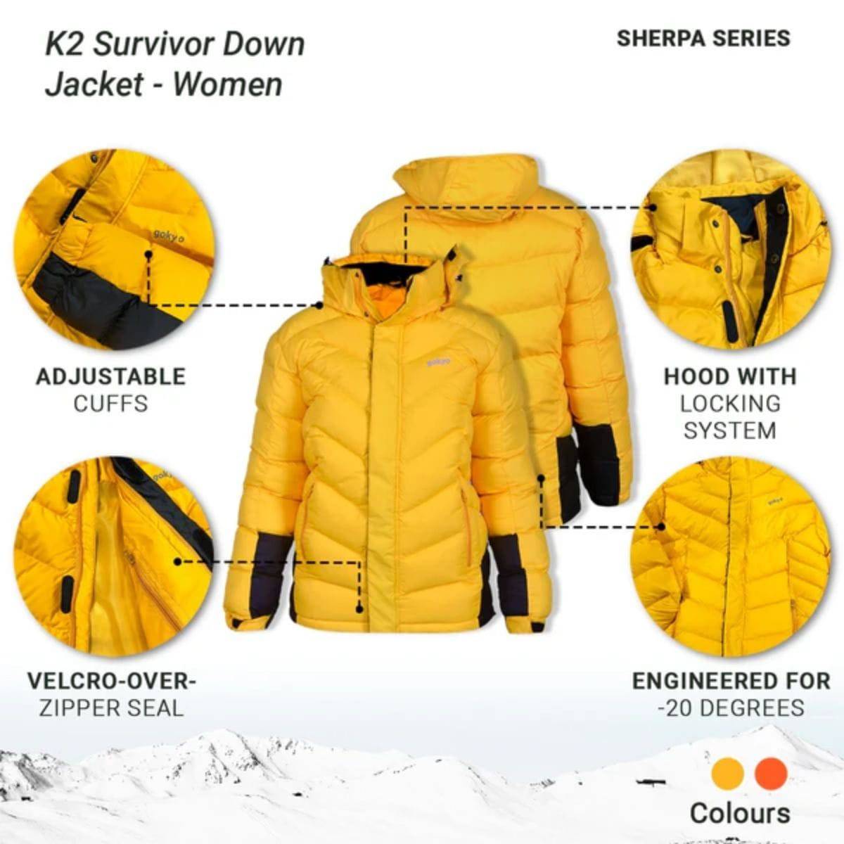 Women's K2 Survivor Down Jacket upto -20°C - Sherpa Series - Orange - OutdoorTravelGear.com