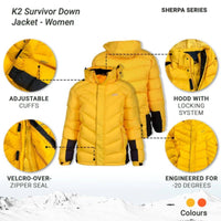 Women's K2 Survivor Down Jacket upto -20°C - Sherpa Series - Orange - OutdoorTravelGear.com