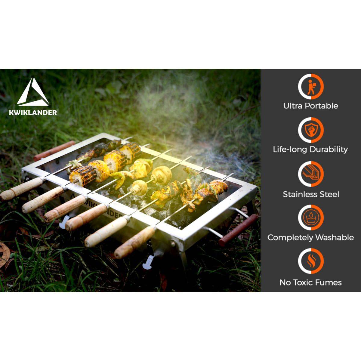 Compact Portable Foldable Stainless Steel Tandoor Charcoal Barbeque BBQ Grill Set with 4 Skewers, Tongs, Bag, Charcoal Tray for Home Outdoor Garden - 32 X 28 cm - OutdoorTravelGear.com