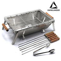 Compact Portable Foldable Stainless Steel Tandoor Charcoal Barbeque BBQ Grill Set with 6 Skewers, Tongs, Bag, Charcoal Tray + Top Cooking Grate - OutdoorTravelGear.com