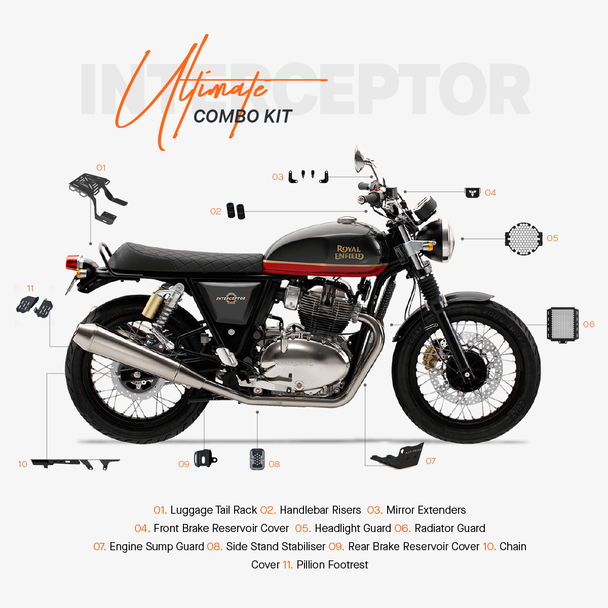 ADV TRIBE The Ultimate Combo Kit of 11 Accessories for Royal Enfield Interceptor 650