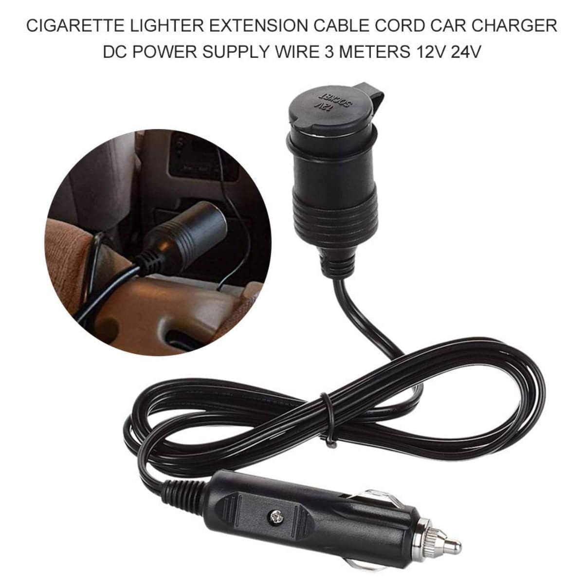 12V Car Cigarette Lighter Socket Extension Cable 2.0M Male to Female - OutdoorTravelGear.com