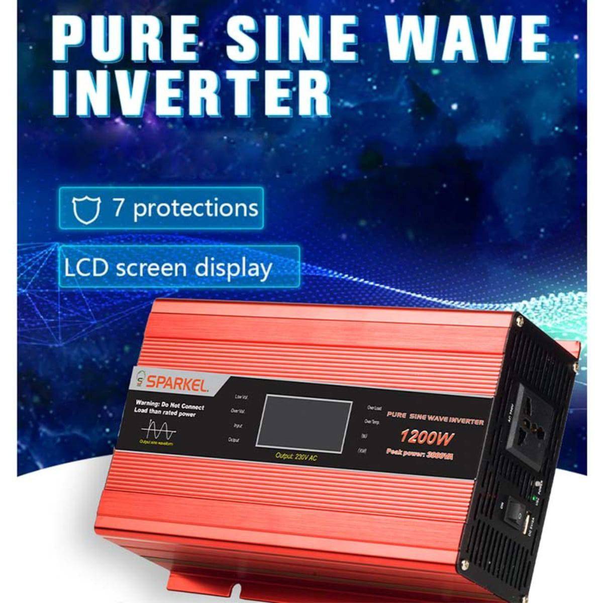 Solar Compact Car Inverter - 12V DC to 230V AC Pure Sine Wave - Output 1200W