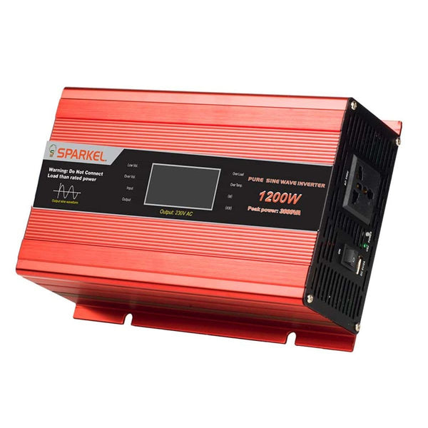 Solar Compact Car Inverter - 12V DC to 230V AC Pure Sine Wave - Output 1200W