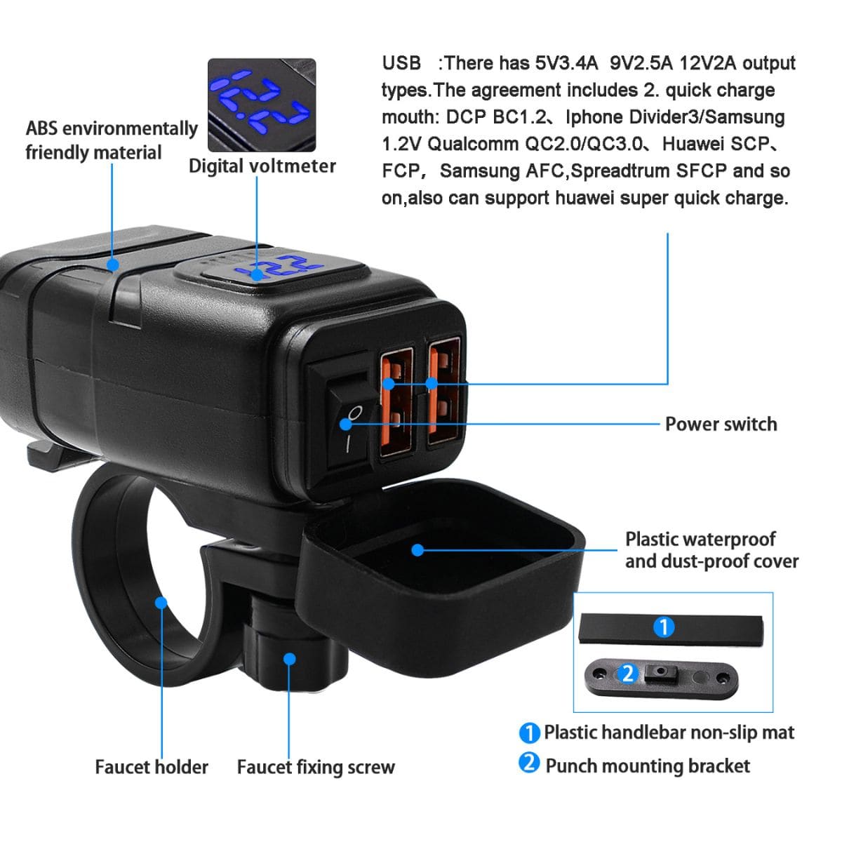 Waterproof Handlebar with QC3.0 Fast Motorbike USB Charger for Mobile Phones - OutdoorTravelGear.com