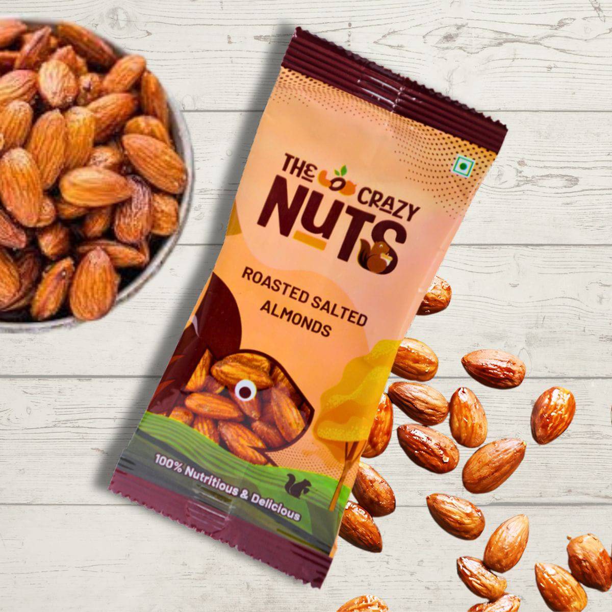 The Crazy Nuts - Almonds - Roasted & Salted - 15 grams - Pack of 10 - OutdoorTravelGear.com