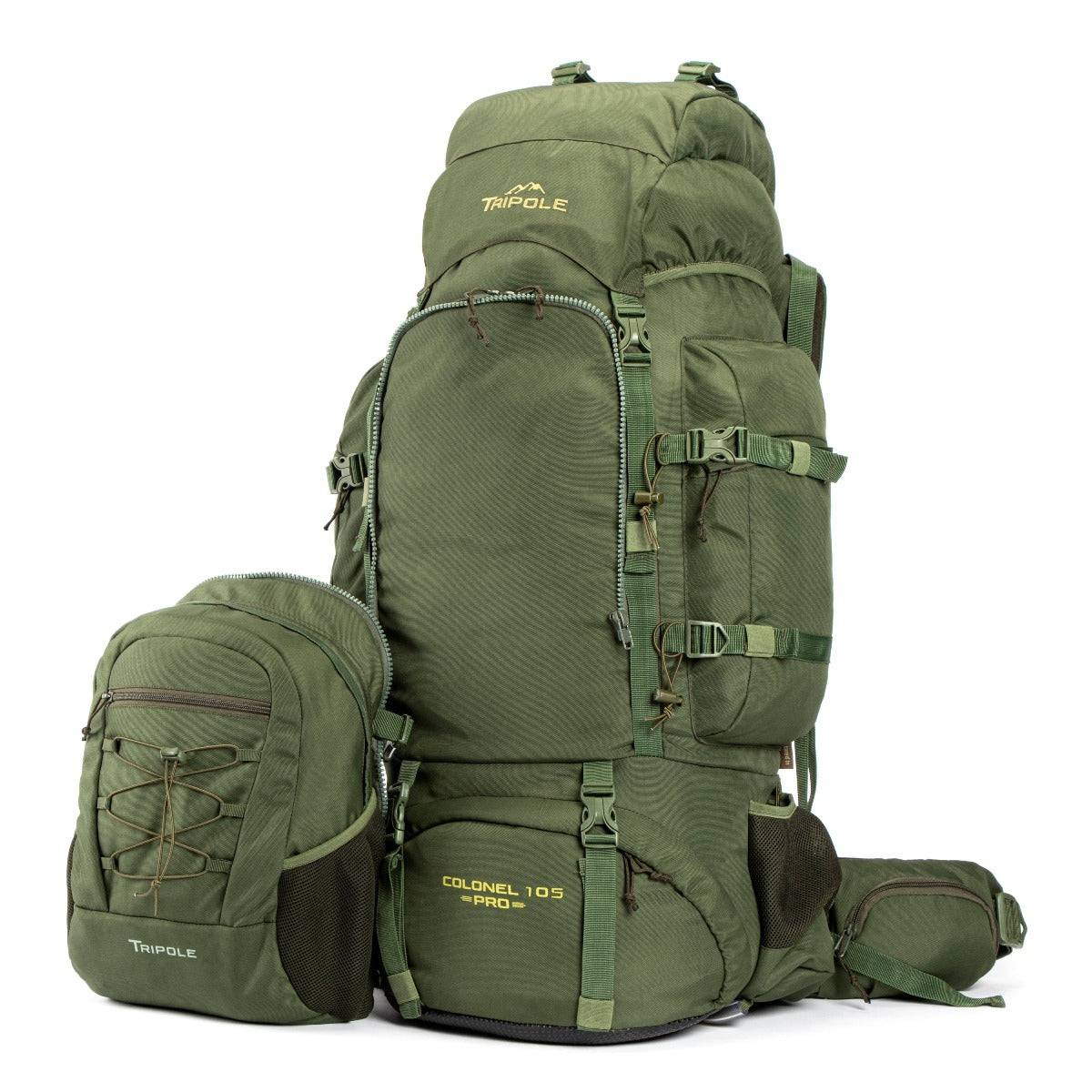 Colonel Pro Metal Frame Rucksack + Detachable Bag & Rain Cover - 105 Litres - Army Green - OutdoorTravelGear.com