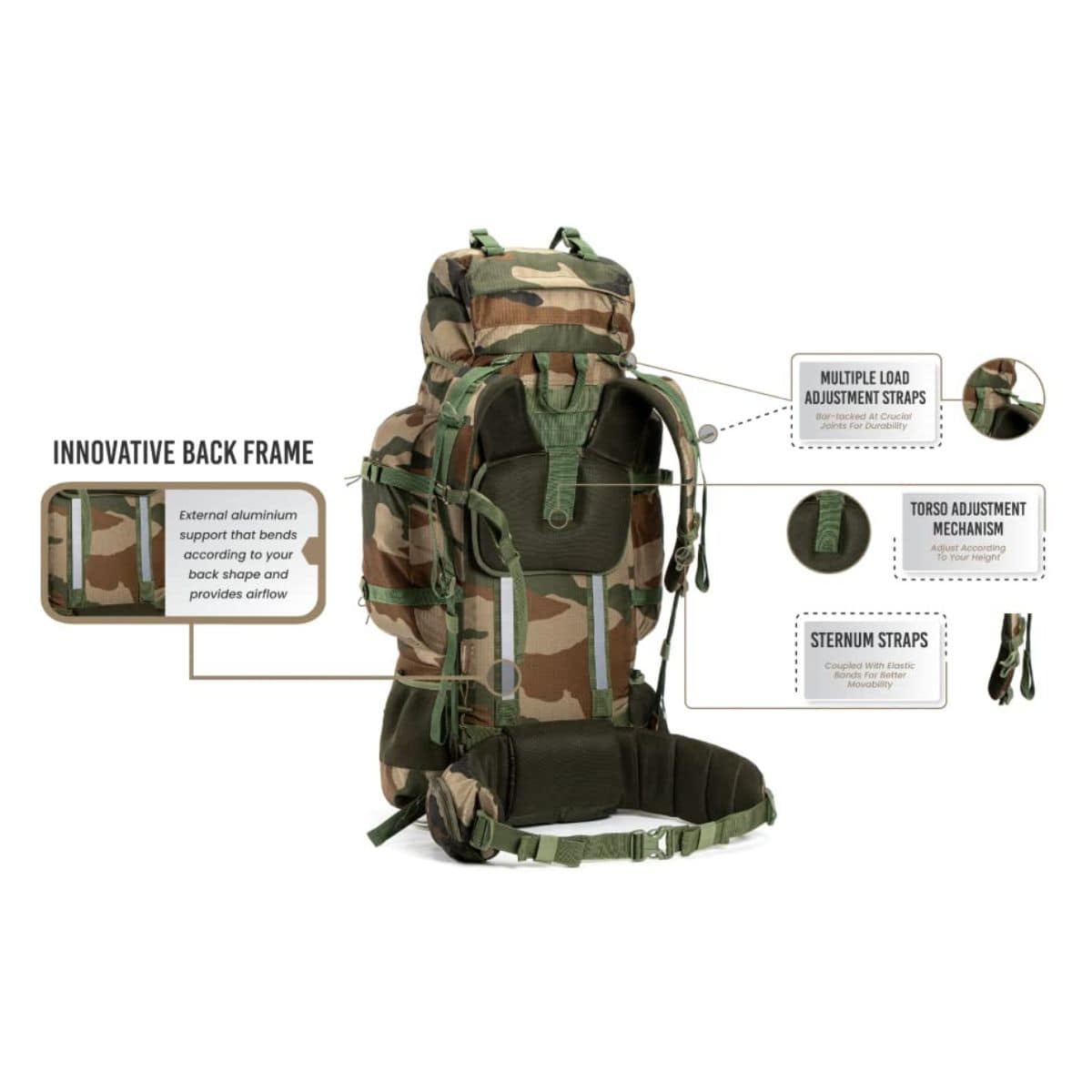 Colonel Pro Metal Frame Rucksack + Detachable Bag & Rain Cover - 105 Litres - Army Green - OutdoorTravelGear.com