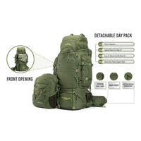 Colonel Pro Metal Frame Rucksack + Detachable Bag & Rain Cover - 105 Litres - Army Green - OutdoorTravelGear.com