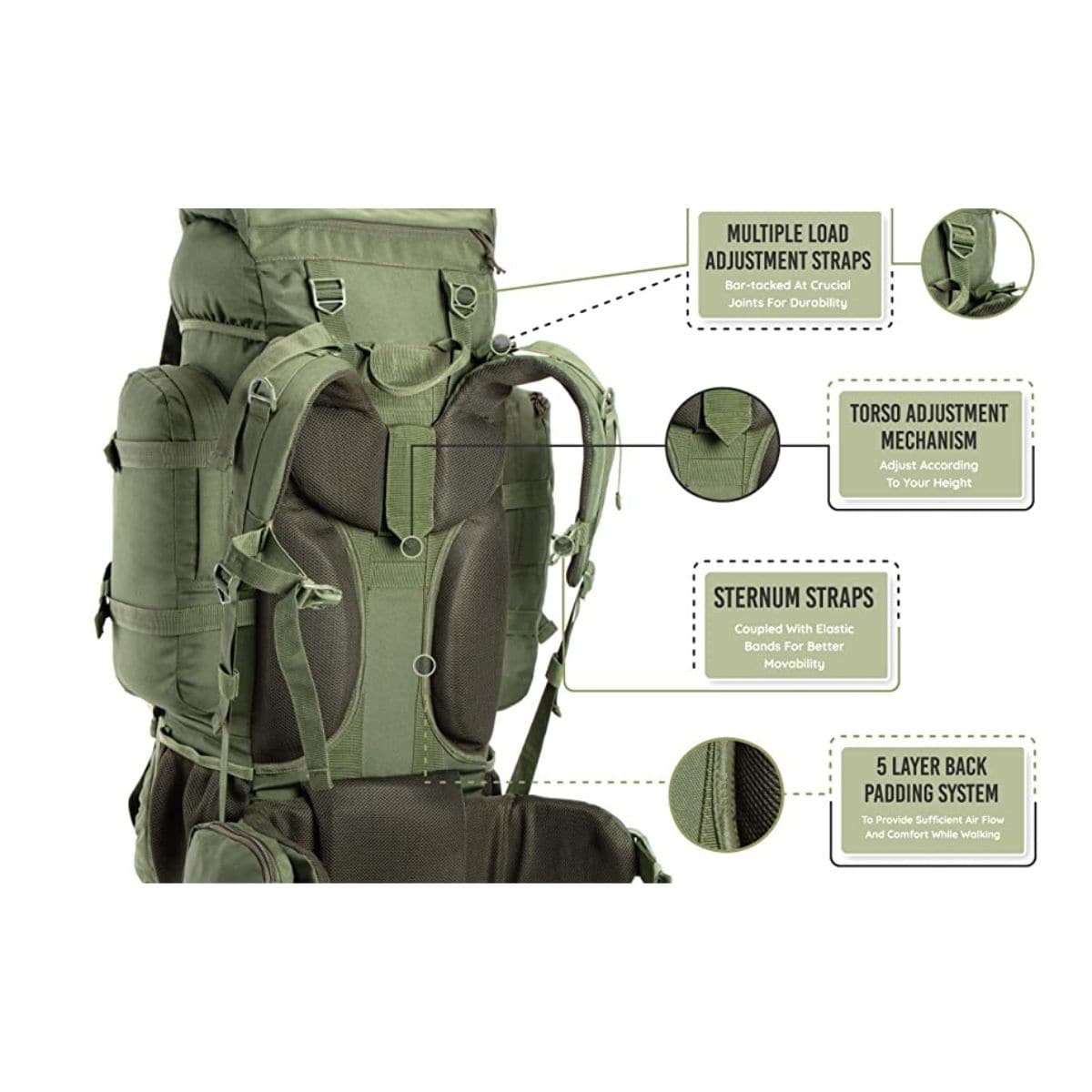 Colonel Series Rucksack + Detachable Day Pack & Rain Cover - 95 Litres - Army Green - OutdoorTravelGear.com