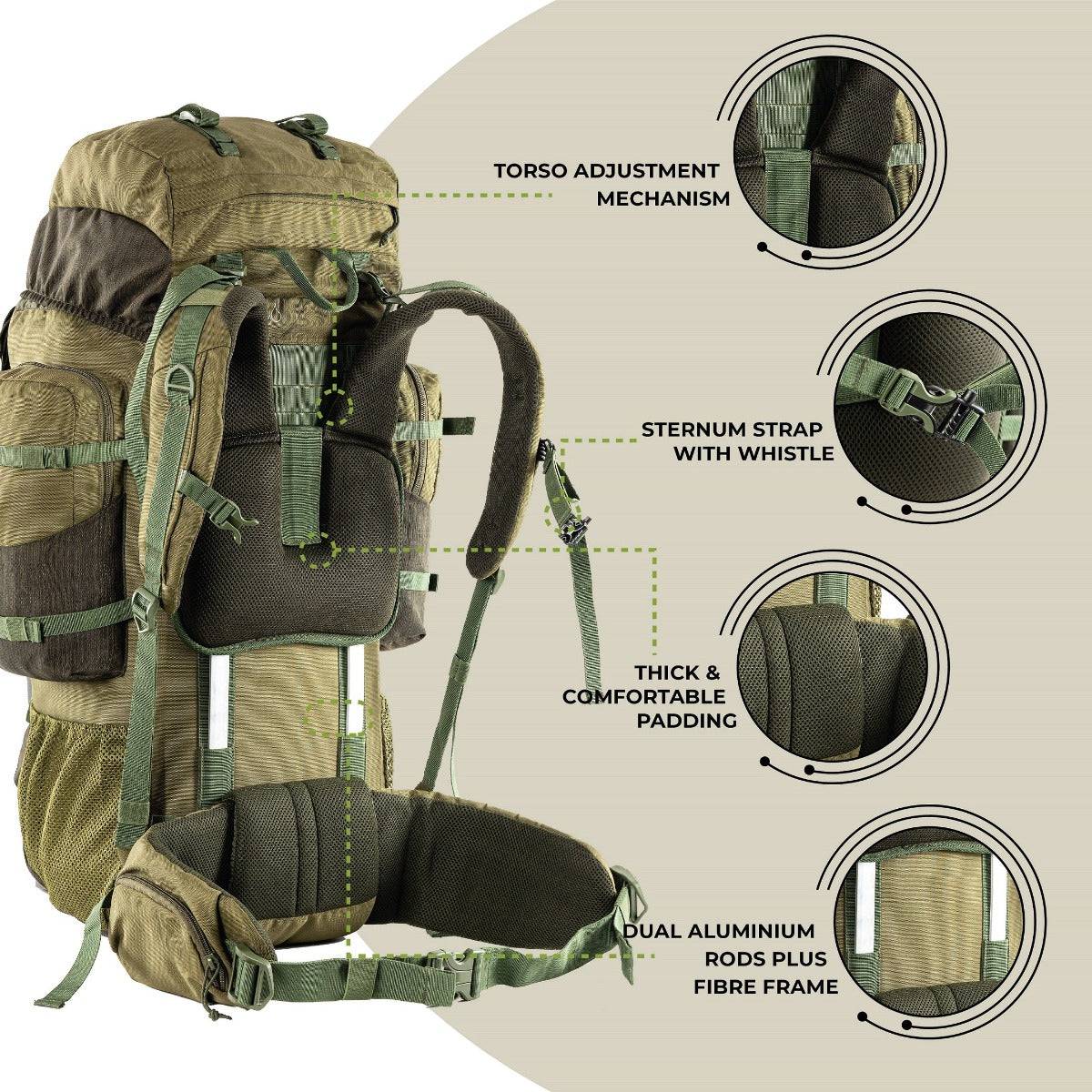 Walker Pro Trekking and Hiking Rucksack - 60 Litre - Olive Green - OutdoorTravelGear.com