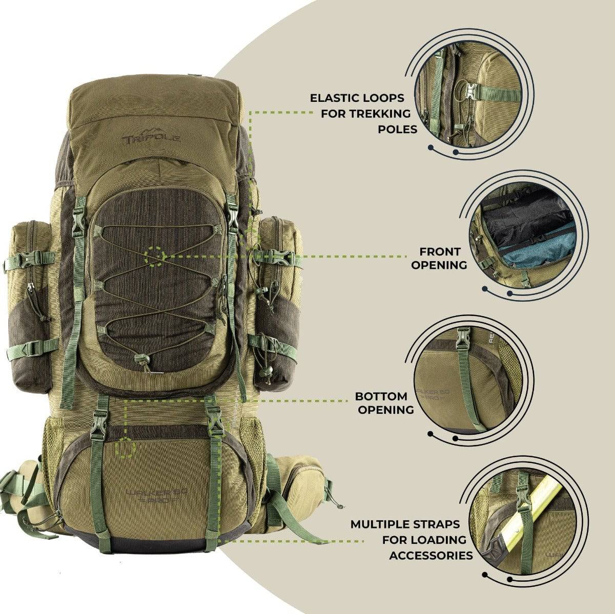 Walker Pro Trekking and Hiking Rucksack - 80 Litre - Olive Green - OutdoorTravelGear.com