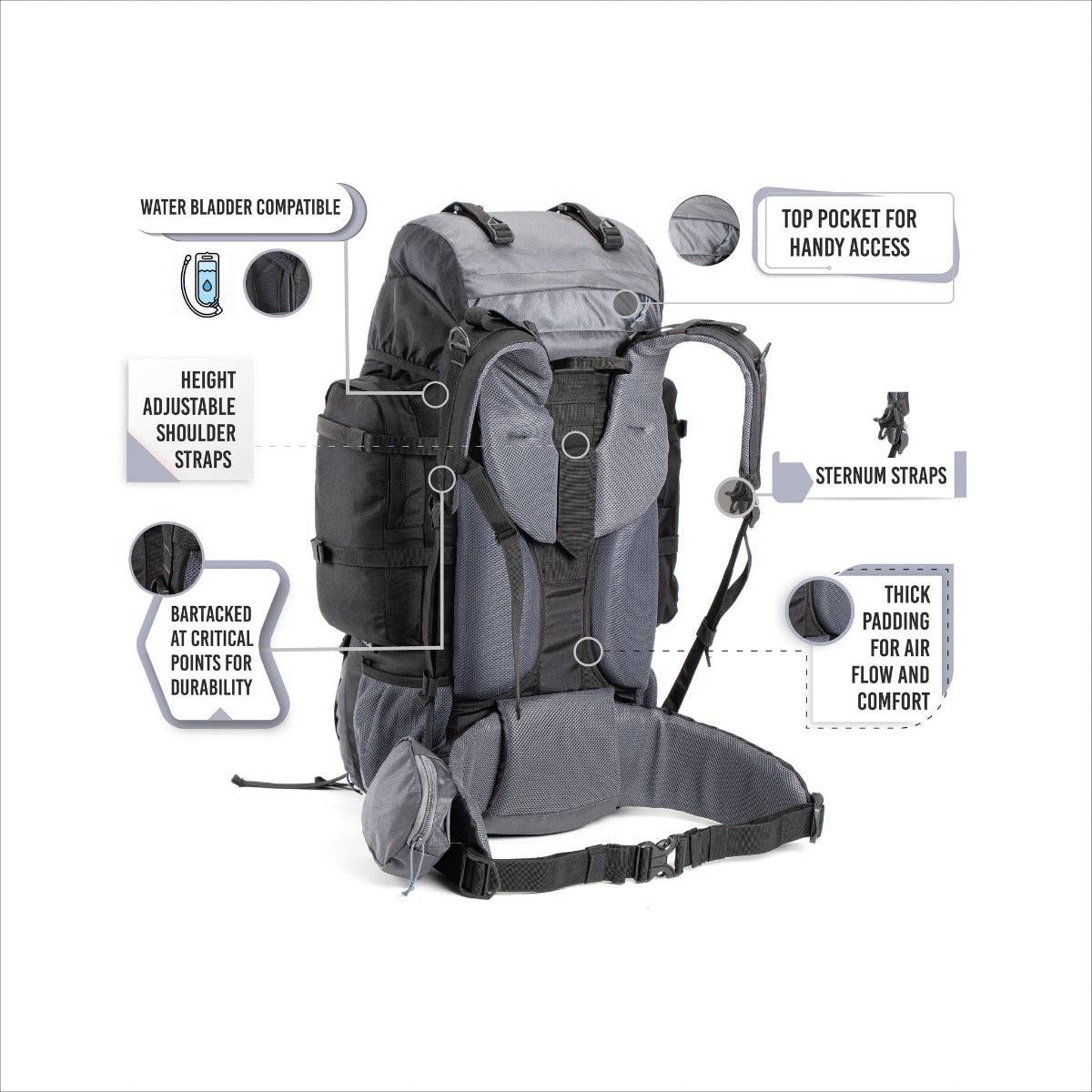 Walker Trekking and Backpacking Rucksack - 65 Litre - Black & Grey - OutdoorTravelGear.com