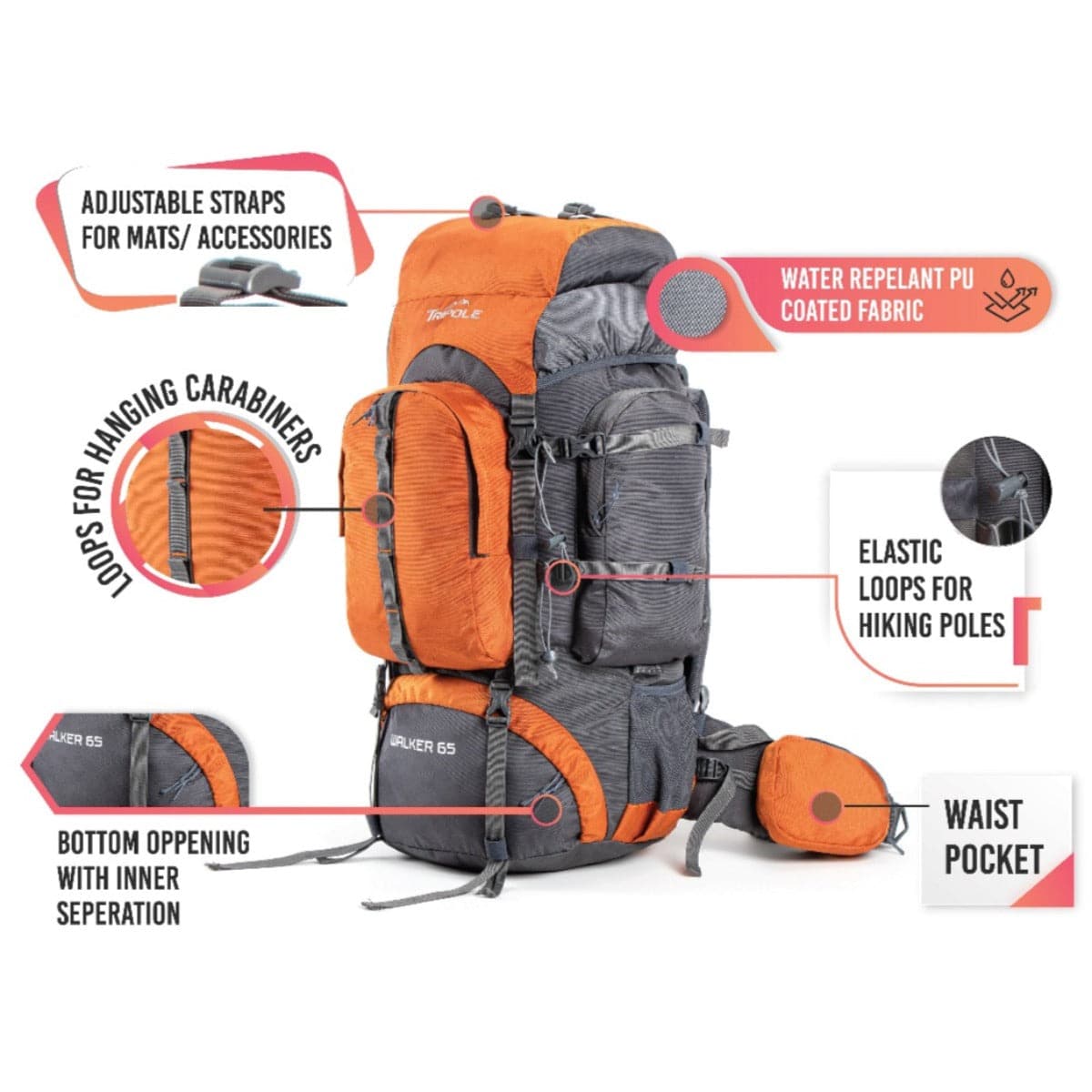 Walker Trekking and Backpacking Rucksack - 65 Litre - Grey & Orange - OutdoorTravelGear.com