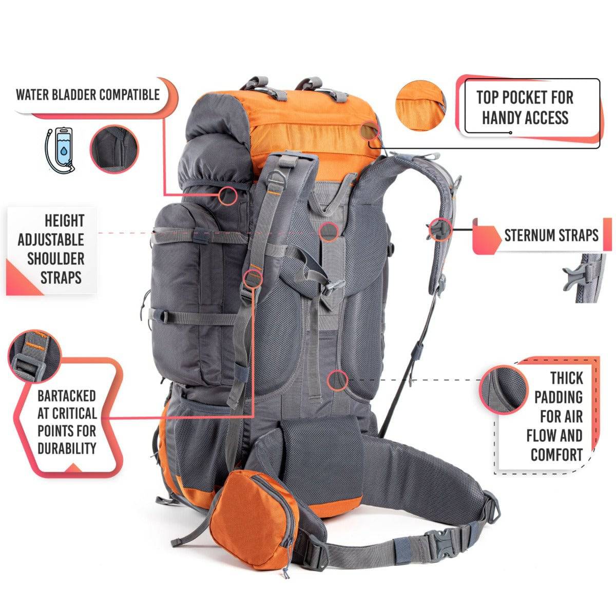 Walker Trekking and Backpacking Rucksack - 65 Litre - Grey & Orange - OutdoorTravelGear.com