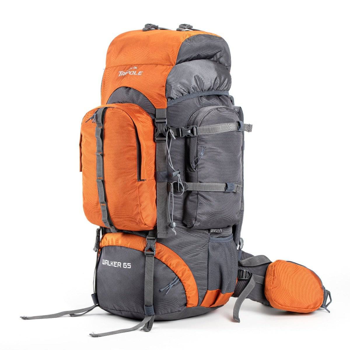 Walker Trekking and Backpacking Rucksack - 65 Litre - Grey & Orange - OutdoorTravelGear.com