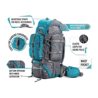 Walker Trekking and Backpacking Rucksack - 65 Litre - Grey & Sea Green - OutdoorTravelGear.com