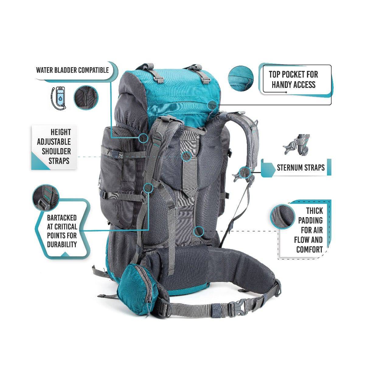 Walker Trekking and Backpacking Rucksack - 65 Litre - Grey & Sea Green - OutdoorTravelGear.com