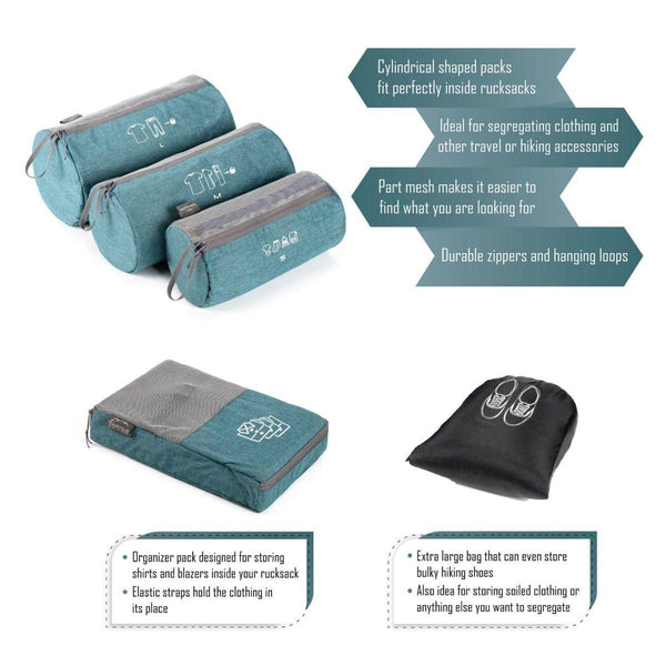 Organizer Packs - Cylindrical & Rectangle Shaped - Set of 6 - Sea Green - OutdoorTravelGear.com